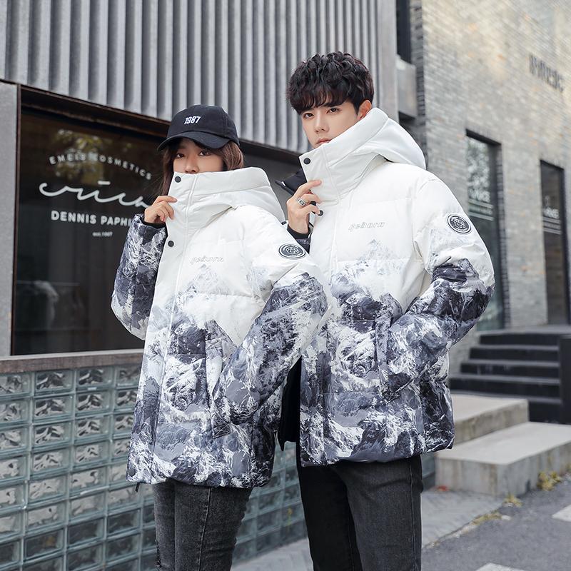 Piumini da Coppia Piumino d'Anatra Bianca Piumini Puffer Gradiente Moda Streetwear Antivento Caldo Parka con Cappuccio Cappotti Invernali Unisex