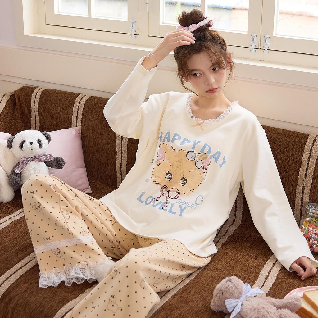 Women's Spring/Autumn Cotton Pajama Set with Built-in Bra, 2025 Model, Cute Dog Print, Indoor/Outdoor Wear