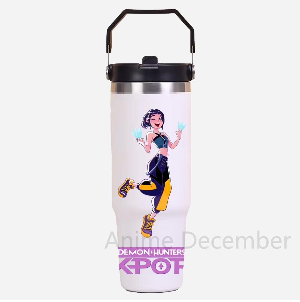 30Oz K-Pop Portable Car Cup Stainless Steel Thermos Cup with Straw Travel Sports Water Bottle with Handle Cover Coffee Vacuum Flask