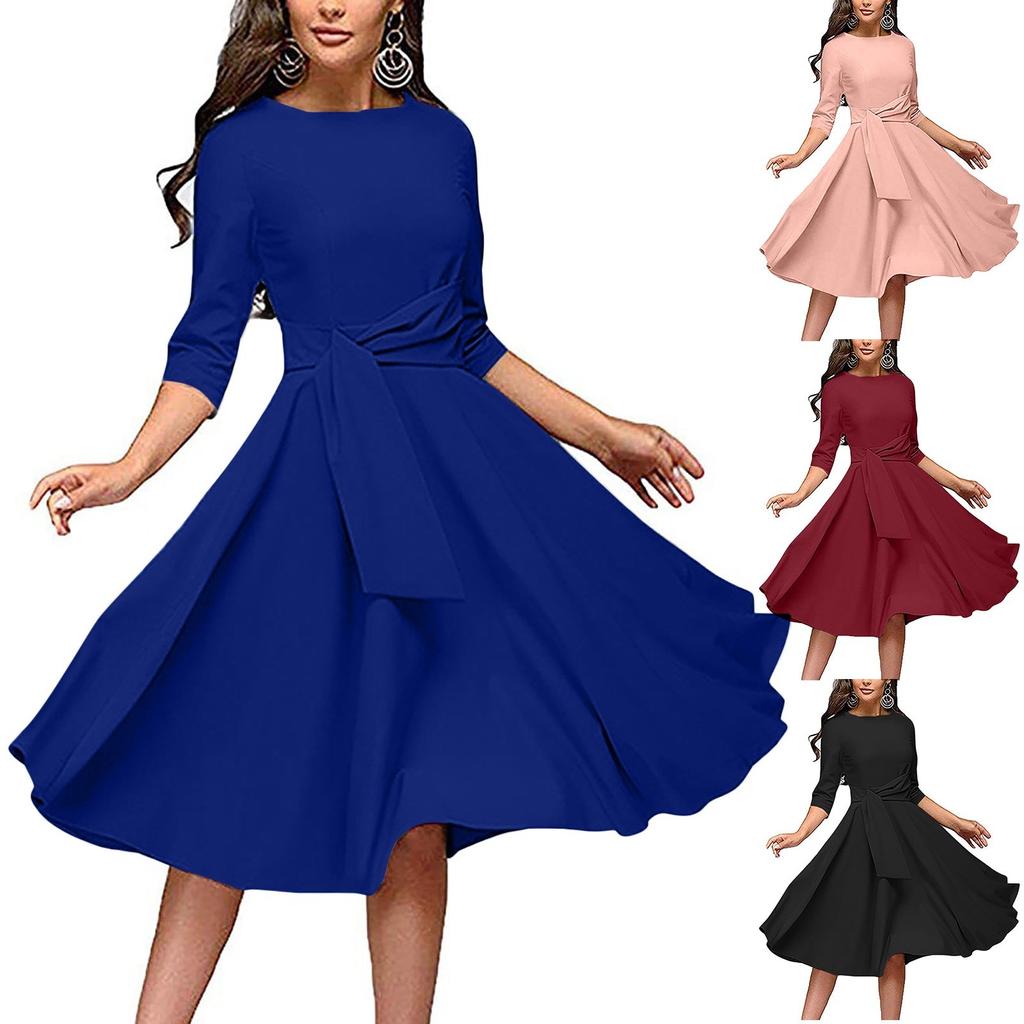 Womens Casual Temperament Fashion Color Mid Waist Elegant Dress
