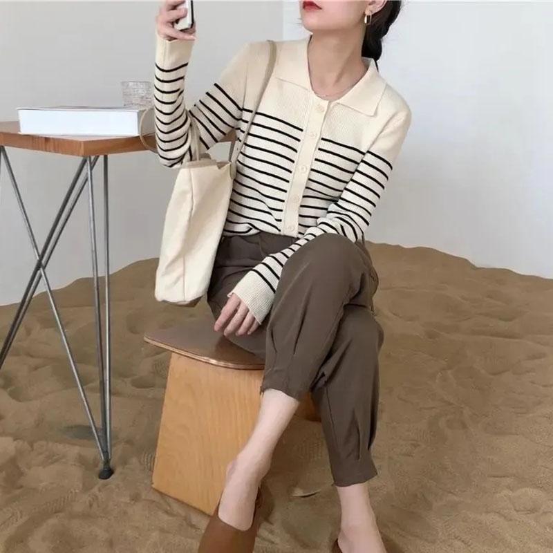 Polo Neck Striped Knitted Cardigan Women's Autumn and Winter Long Sleeve Knitted Warm Coat Sweater