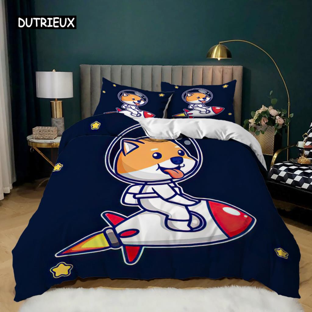 

Пододеяльник с изображением мультяшных животных из микрофибры с рисунком свиньи-астронавта и красного шара, комплект постельного белья с рисунком космоса и вселенной, тема животного King, покрывало EU single(135x200cm)