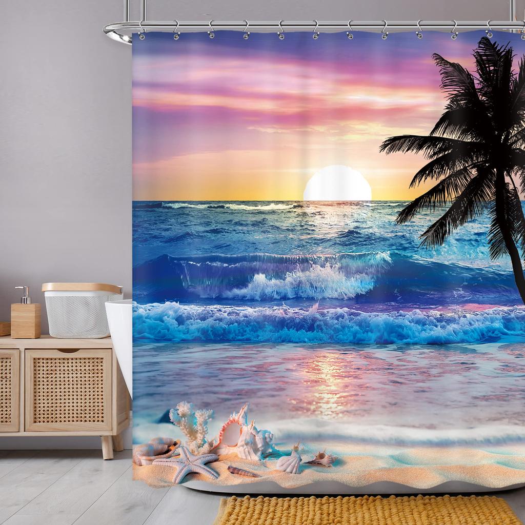Windmill Seaside Scenery Shell Beach Scenic Bathroom Shower Curtain Frabic Waterproof Polyester Bathroom Curtain With Hooks