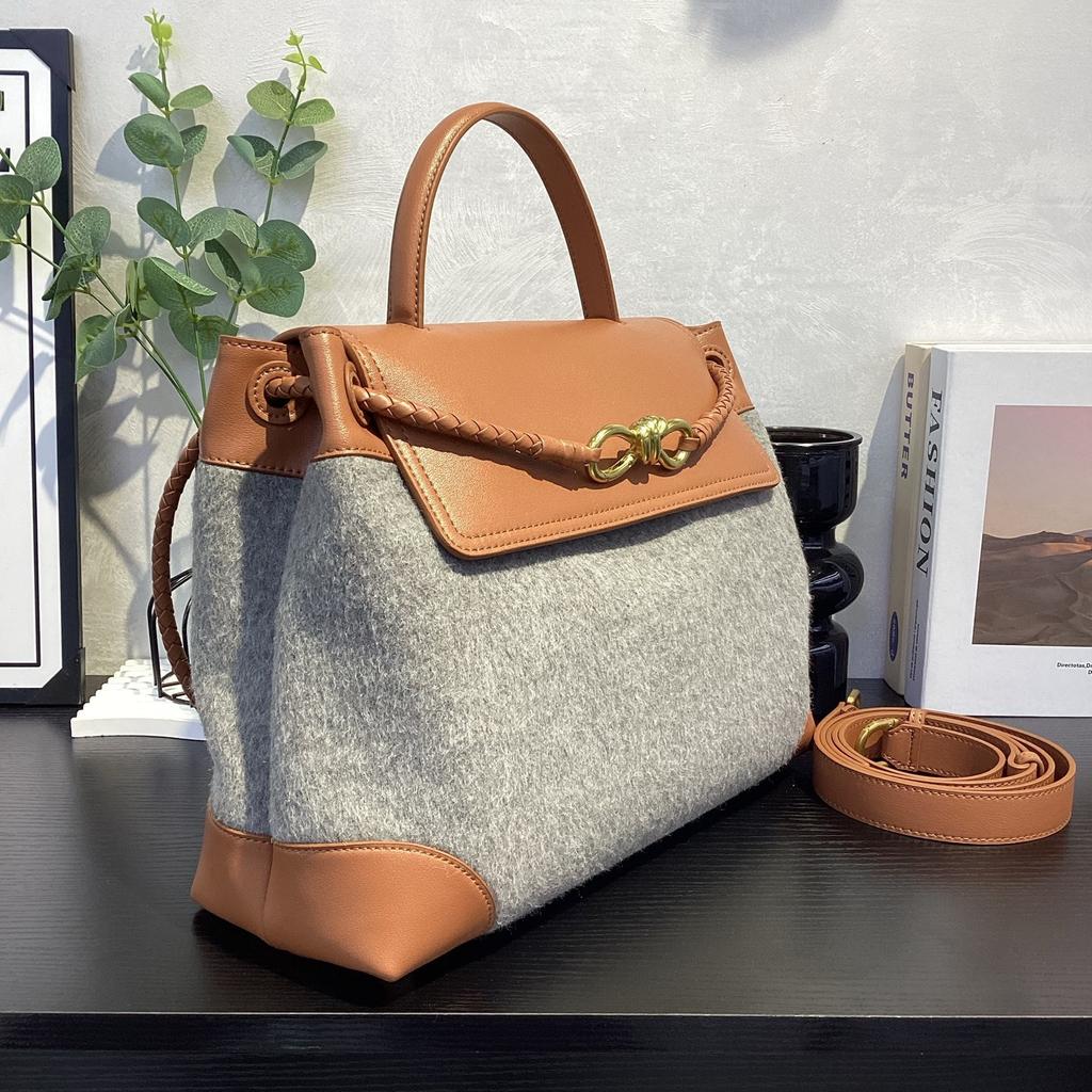 Bolsa de mão de lã de alta qualidade transfronteiriça feminina 2026 nova bolsa tote com fivela de laço bolsa de ombro mensageiro