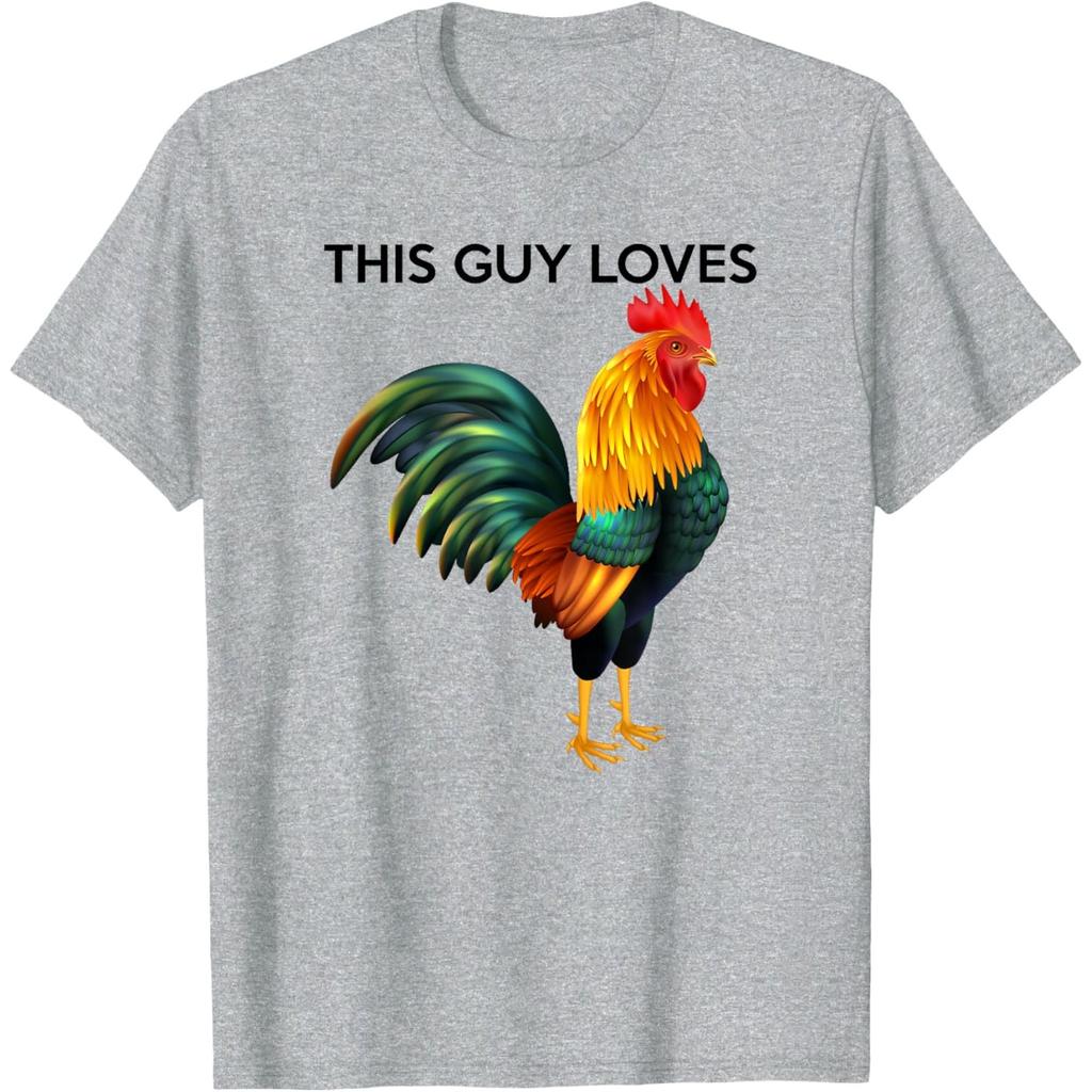 Funny Rooster Graphic Tee This Guy Loves Chicken Print Casual Cotton T-Shirt