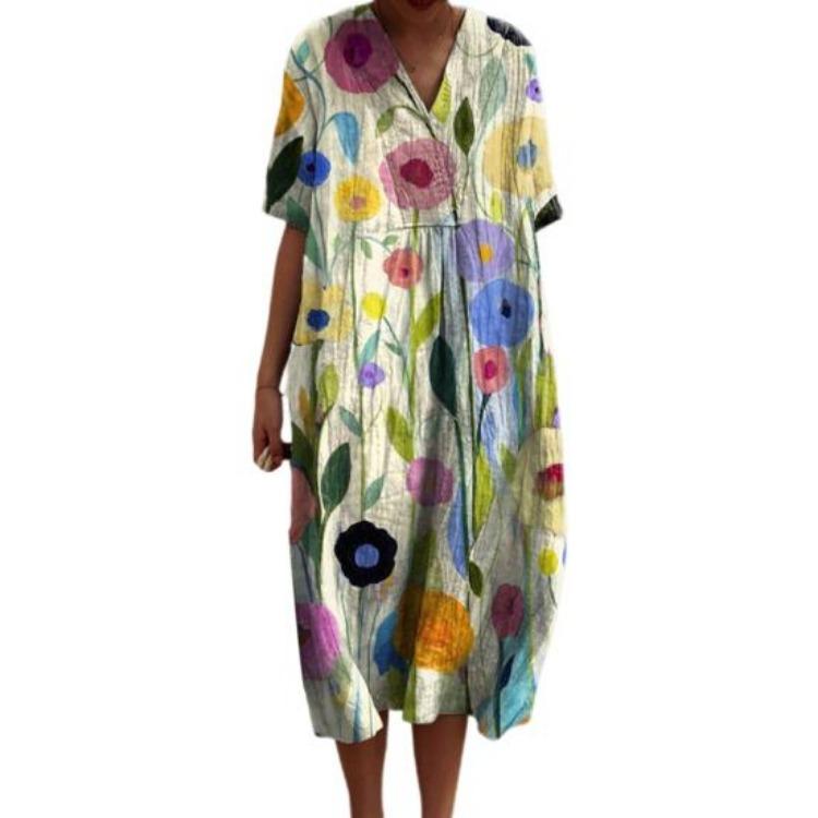 Vintage Floral Print Bohemian Summer Dress Women Loose V Neck Short Sleeves Knee Length A Line Beach Dating Midi Dress