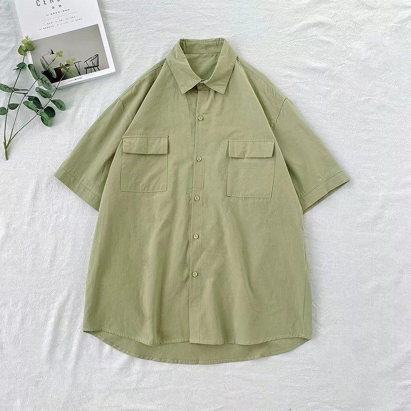 Solid Color Short Sleeve Shirt, Unisex Summer Korean Style Cool Workwear Top Trendy Loose Fit Shirt Jacket