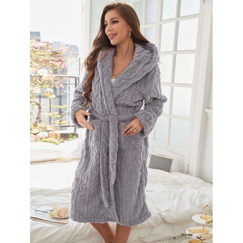 Plus Size Winter Warm Jacquard Coral Fleece Couple Hooded Twisted Bathrobe Loungewear