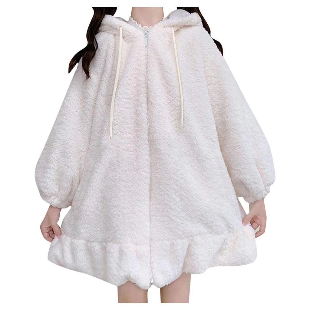 Women Rabbit Hoodie Sweatshirt Tops with Long Rabbit Ears Cute Sweet Girls Koreo Style Famale Warm Lambskin Jacket Tops