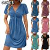 Fashion Summer Spring Solid Color Print Short Sleeve V-Neck Casual Dresses