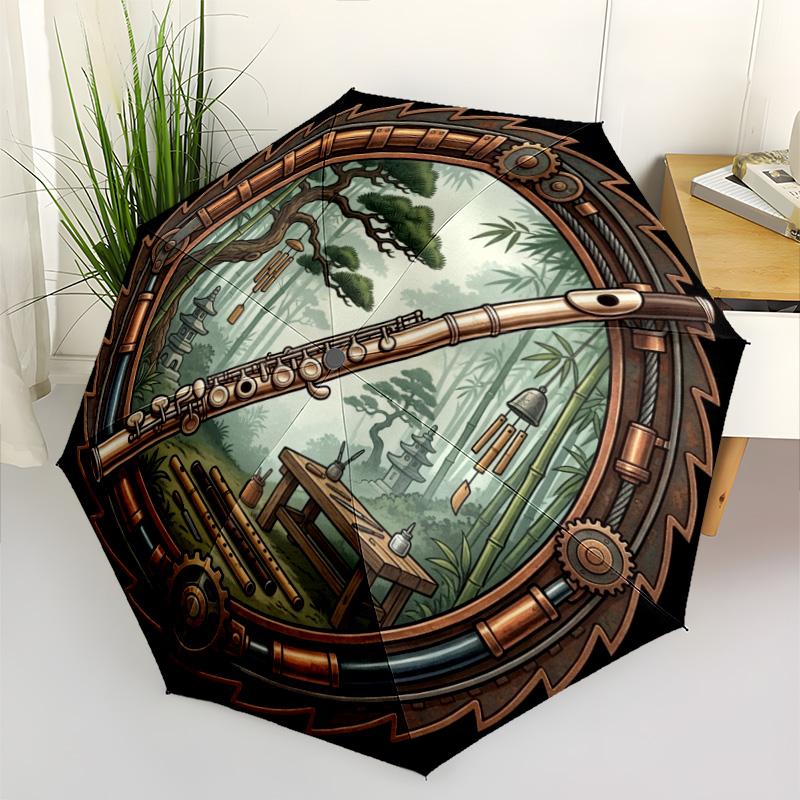 Steampunk Flute Forest Scene pattern umbrella, portable and foldable design, 8 ribs, a casual accessory for Halloween, Christmas, and birthday gifts.