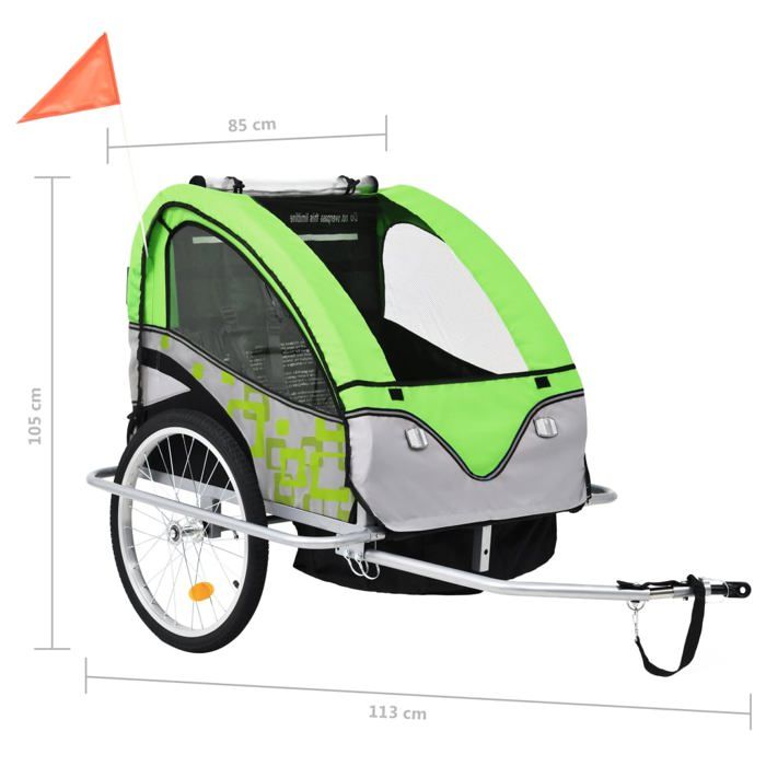 Remorque à vélo 2-en-1 - vidaXL - Vert et gris - Pour enfants - Vélo loisir