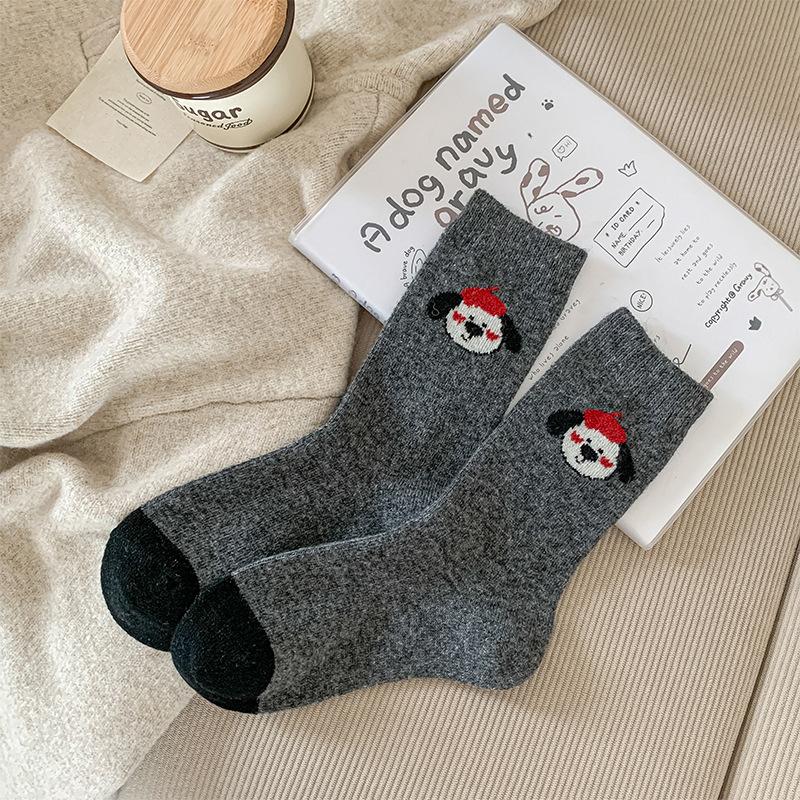 Red Hat Puppy Wool Socks, Thick and Warm Mid-calf Socks, Thick Socks, Cartoon Boneless Socks