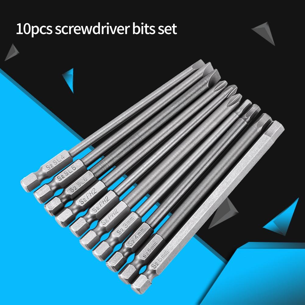 10pcs 14 Inch Hex Shank 100mm Long Magnetic BST Screwdriver Bits Set (Slotted+Cross Hex Head)