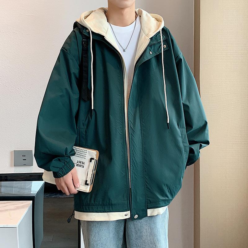 Fake Two Autumn and Winter New Casual Men's Korean Version of Trend Tooling Outdoor Jacket Hooded Coat.