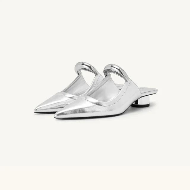 Fashion Pointed Slippers for Women 2025 New Style French Thick Heel Half Bottom Slippers with Metal Toe Caps for Cool Slippers
