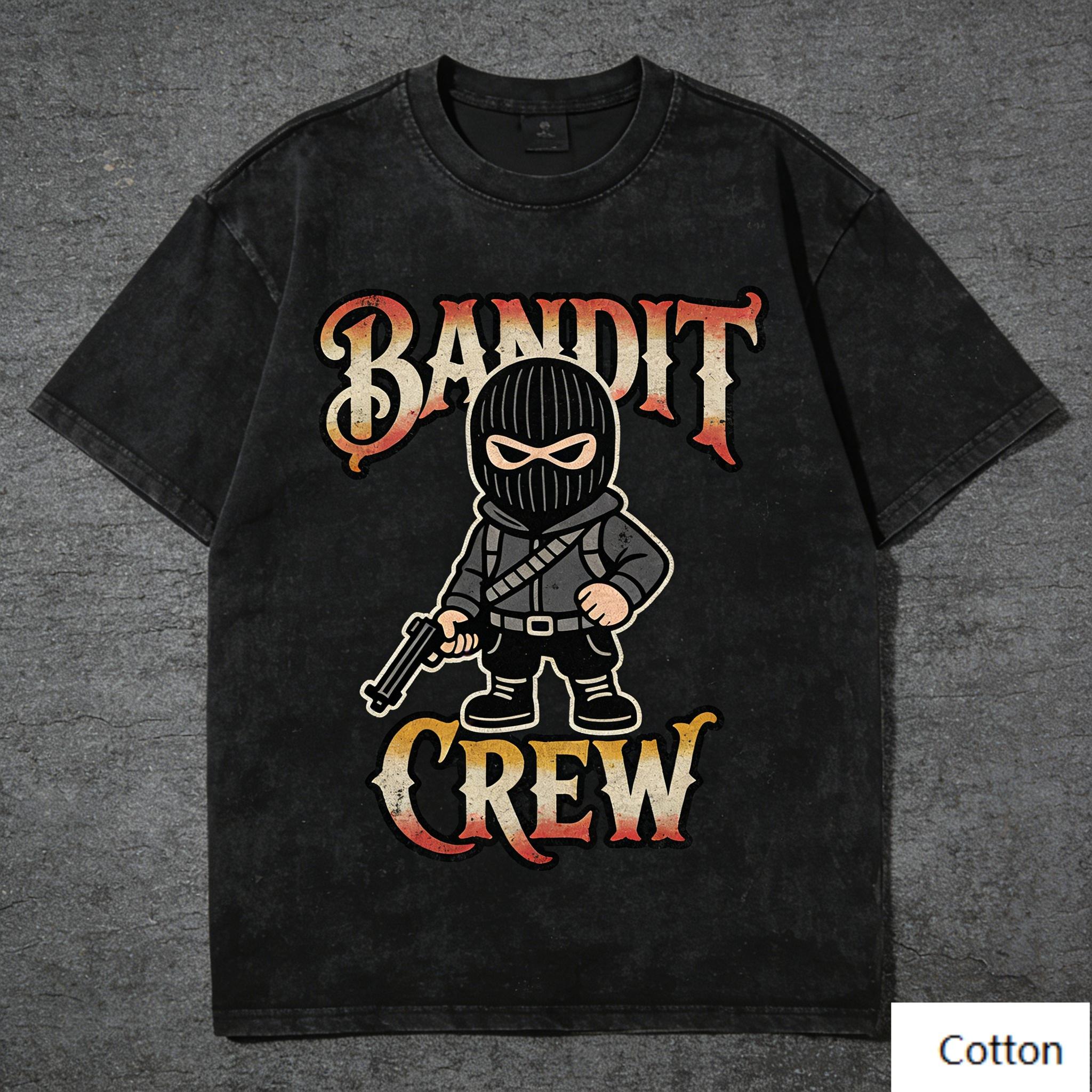 

Винтажная стираная футболка с мультяшным принтом Bandit Crew Ретро градиентная надпись 100% хлопок Уличная одежда в стиле американских гангстеров S