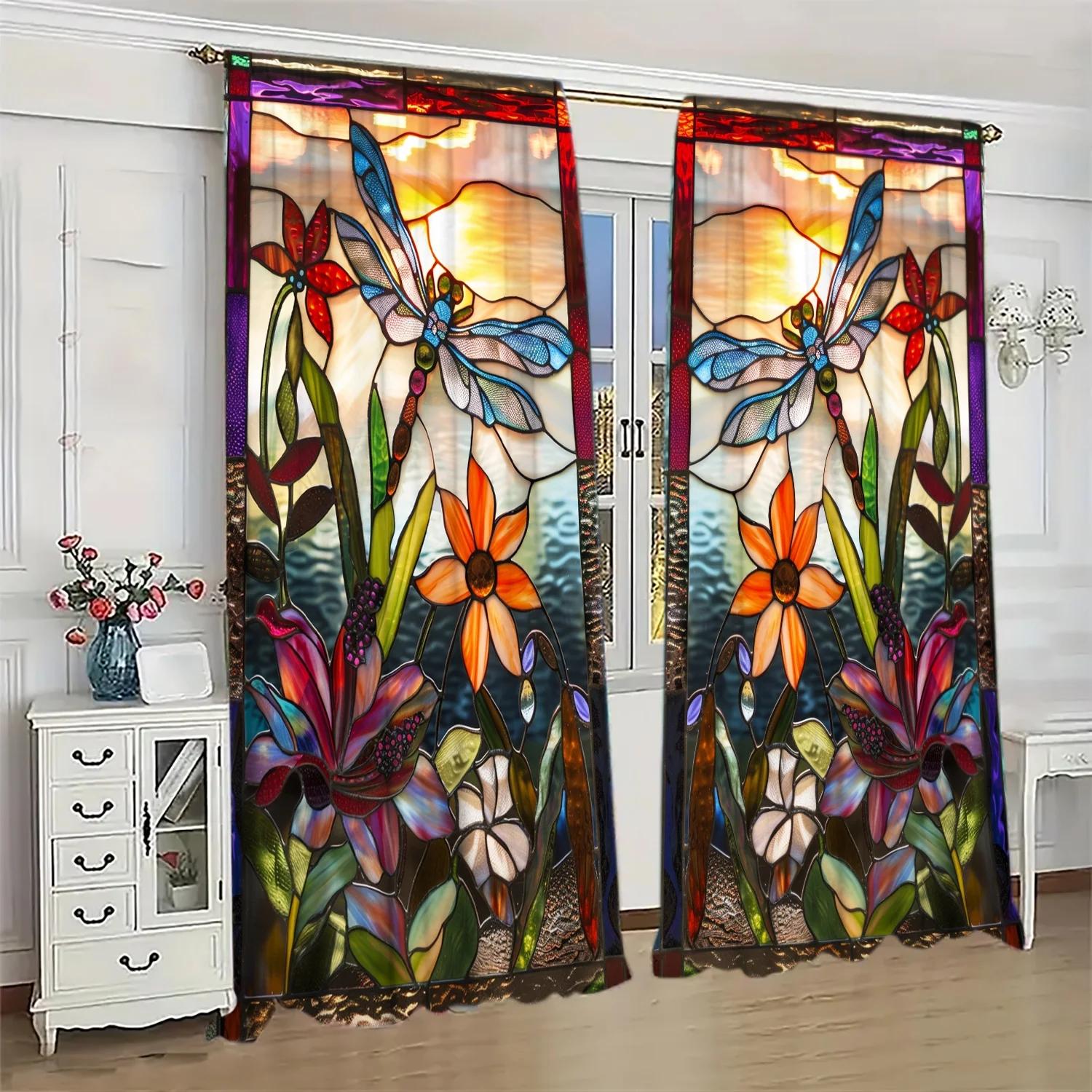 

Stained Glass Dragonfly Printed Curtain Home Decoration Curtains All Season Decorative Set Of 2 Artistic Made Polyester Washable W100*H70(CM)-Rod Pocket&1PCS