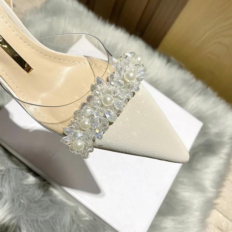 2024 Spring and Autumn New High Heel Sandals for Women, Pearl Transparent Baotou Sandals, Pointed Water Diamond Fine High Heels
