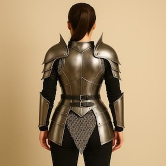 Średniowieczna Stalowa Zbroja Damska Gotycka Fantazja Kirys, Naramienniki, Karwasze, Spódnica Kolcza Cosplay i Kostium na Halloween