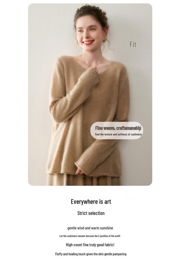 Lekasha Women's Long-Sleeve Cashmere V-Neck Knitwear - Autumn Old Money Style