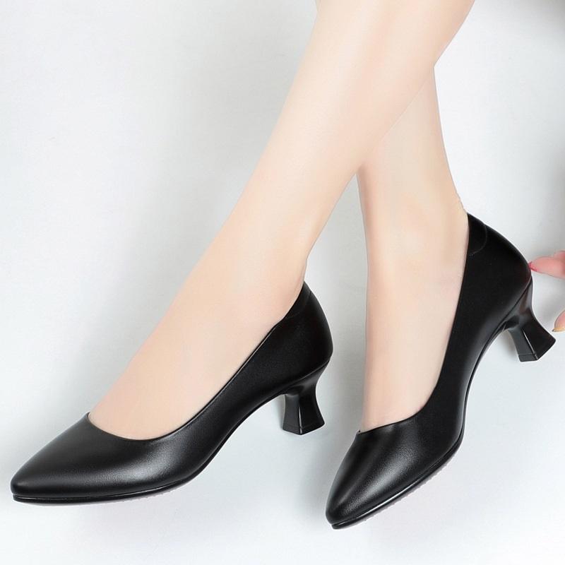 Women Black Leather Block Heel Pumps Comfortable Office Work Shoes