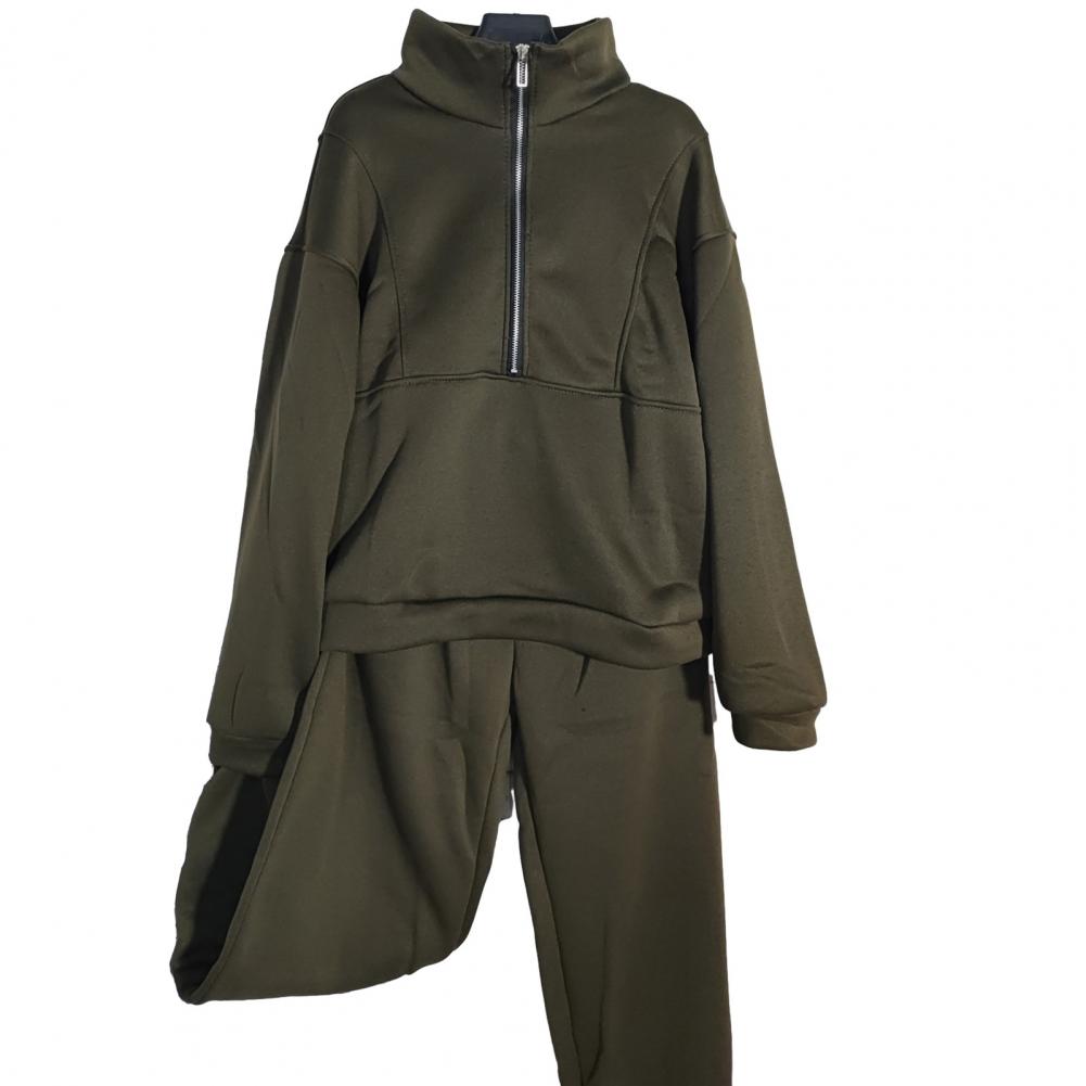 2 Pcs/Set Fall Winter Sweatshirt Pants Set Stand Collar Long Sleeve Loose Zipper Thick Warm Solid Color Elastic Waist Trousers T