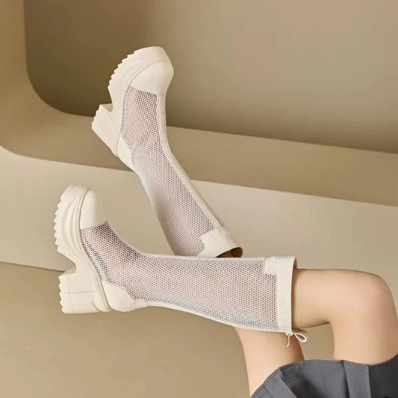 Fashion 10cm Genuine Leather Fashion Knee High Booties Breathable Platform Wedge Hollow Breathable ZIP Sandals Hidden Heels Shoes