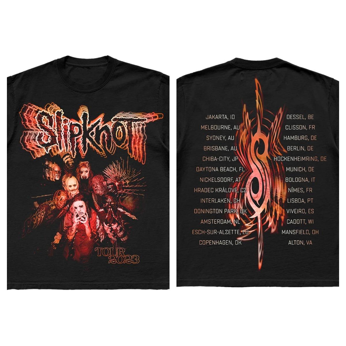 Slipknot «Мировой тур 2023 · Коллаж масок всех участников» Американская ретро Тяжелая футболка с коротким рукавом 4XL