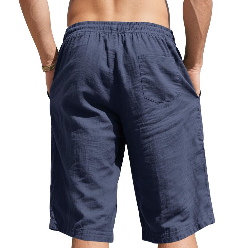 Summer Loose and Simple Solid Color Seven Quarter Pants Cotton and Linen Breathable Casual Sports Beach Men’s Shorts