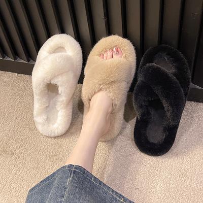 Fairy Wind Plush Cross Cotton Slippers Female Large Size Outer Wear 2025 New Spring and Autumn Home Use Non-slip Word Hair