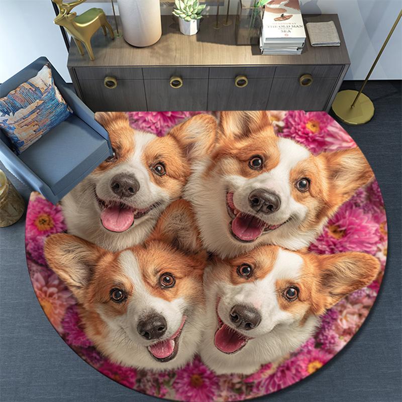 Corgi Dogs Round Area Rug,Carpet Rug for Living Room Bedroom Sofa Playroom Decor,Non-slip Floor Mat