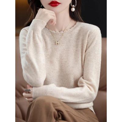 Soft & Cozy Women's Lace Round Neck Knit Sweater - Trendy Spring/Autumn 2025, Long Sleeve, Loose Fit
