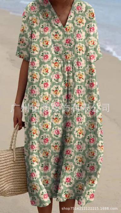 New Loose Casual Comfortable V-neck Digital Printing Pleated Large Version Dress