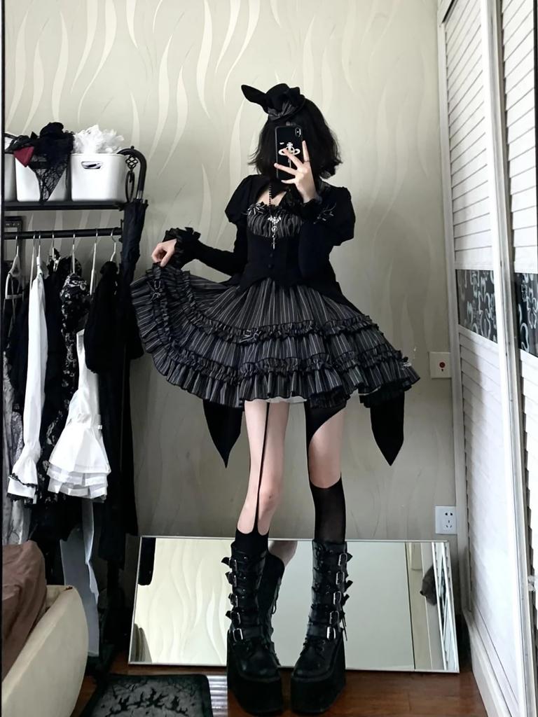 XHSUKADO Gothic Lolita Mini and Gothic Includes Top and Cosplay Faux Christmas Long Size 2-Piece Set Shirt, Skirt, Bottoms. Women's Outfit.