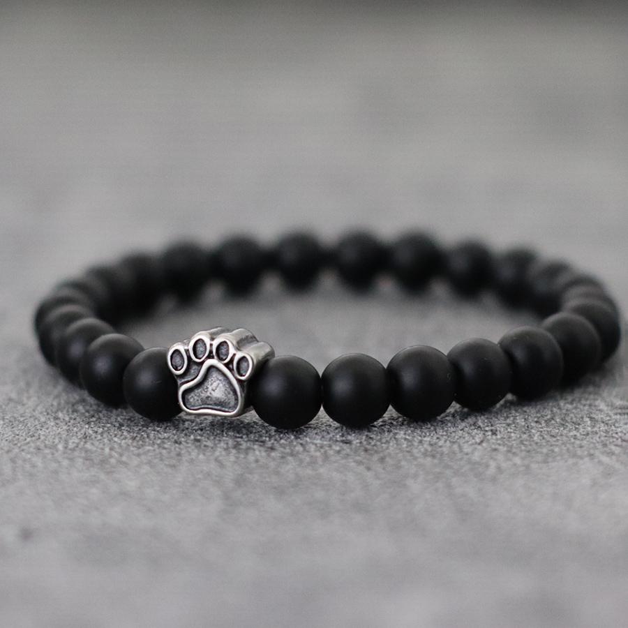

Simple Style Natural Stone Beaded Bracelet With Stainless Steel French Bulldog Paw For Men Vintage Tiger Eyes Lava Rock Braslet 19.5cm(7.7inches) оникс