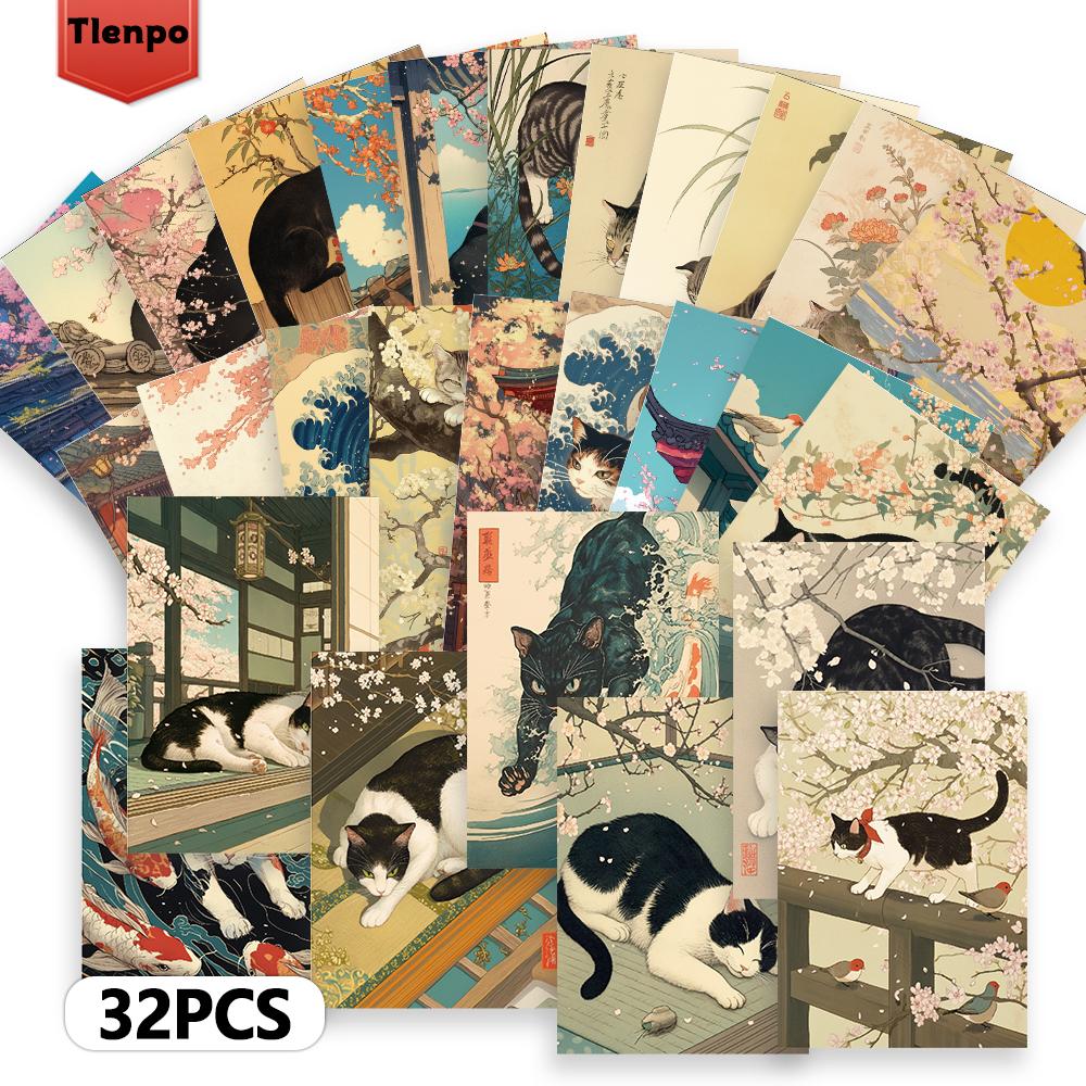 32pcs, Vintage Japanese Cat Postcards, Mailing Cards, Greeting Cards, DIY Postcards, Souvenir Postcards, Decorations