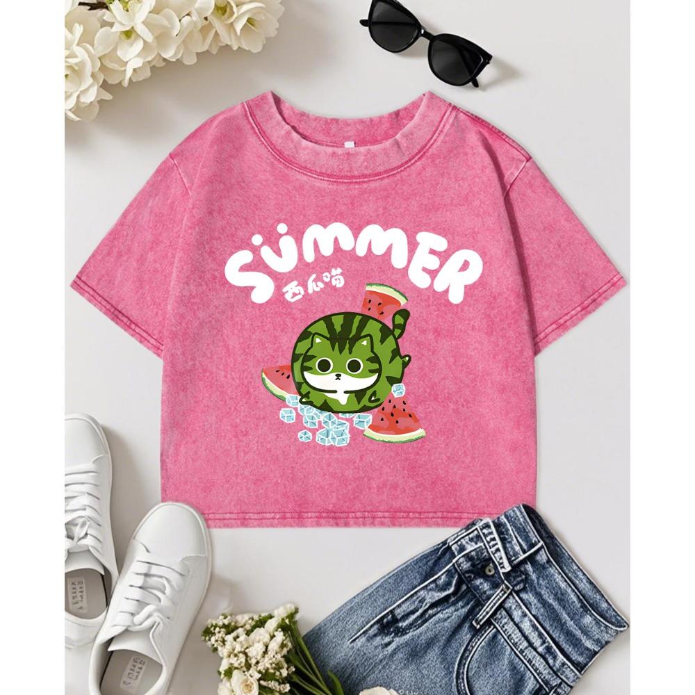 Summer Watermelon Cat Prints Washed Slim T Shirt Women Y2K Crewneck Short Sleeve T-Shirt Female Soft Clothing