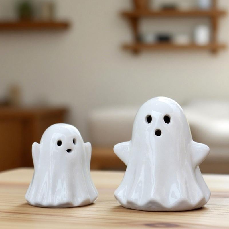 2Pcs Halloween Ceramic Ghostly Figurines With Soft Glows Night Light Handcrafted Holiday Decoration for Bedroom Party Decoration Collectibles
