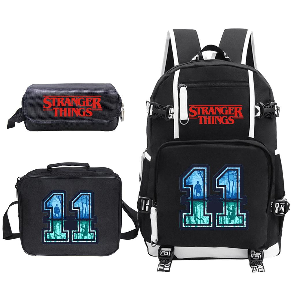 Stranger Things American Drama Peripheral Three-Piece Double Zipper Pencil Bag Student School Bag Lunch Box Bag