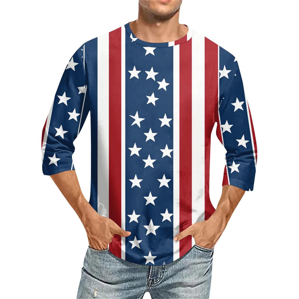 Men's Fashion Casual Independence Day Print  Neck Seven-point Sleeve Top T-shirt