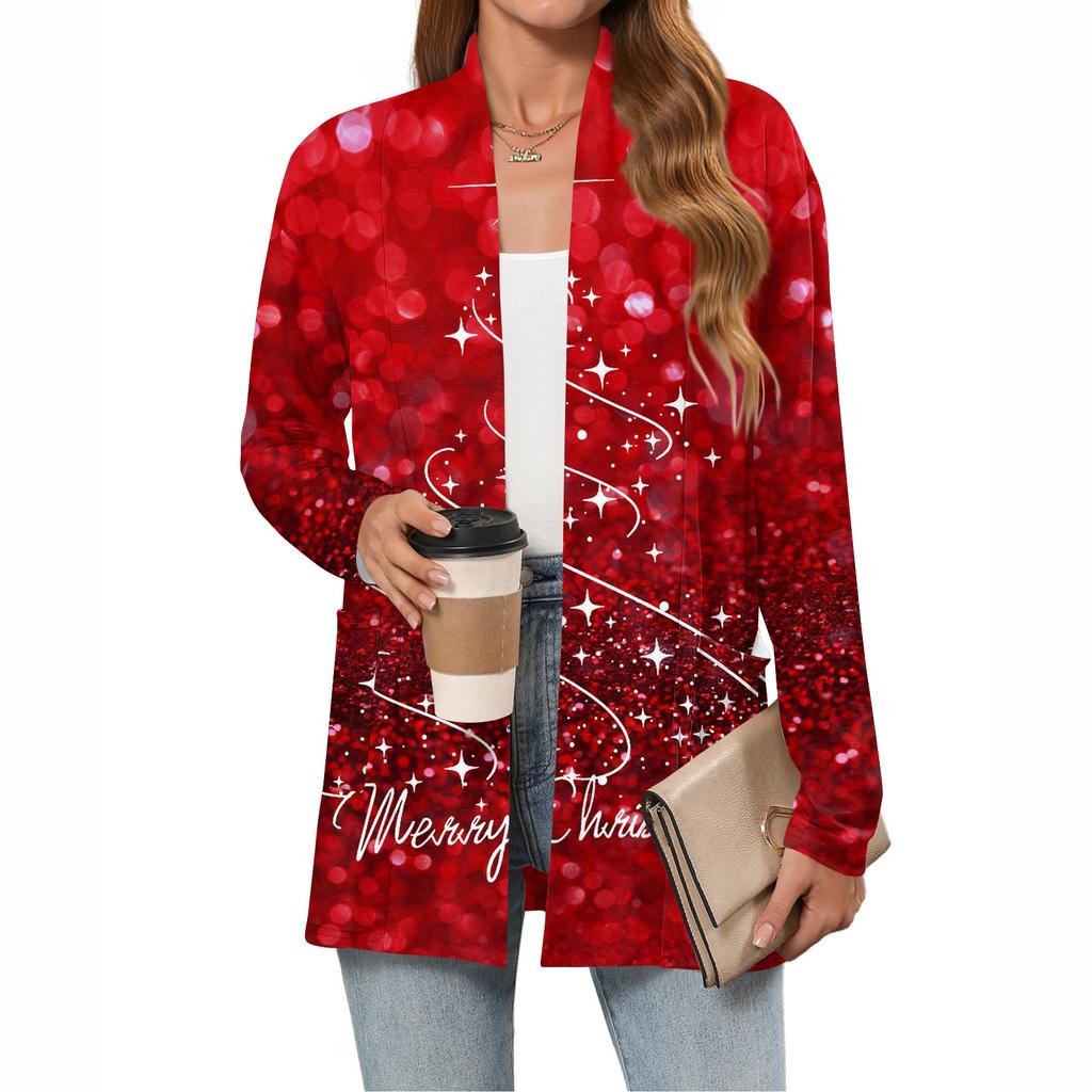 Women's Christmas Printed Lightweight Cardigan Long Sleeved Casual Loose Thin Fit With Pockets Cardigan Jacket