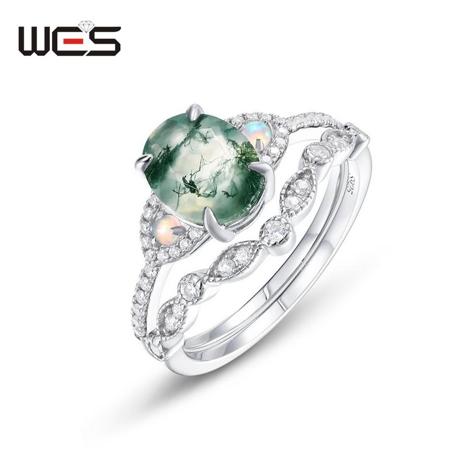 WES   CopperKite Cut Natural Moss Agate Gold Ring Sets For Woman Wedding Bridal Set Valentine Gift Jewelry