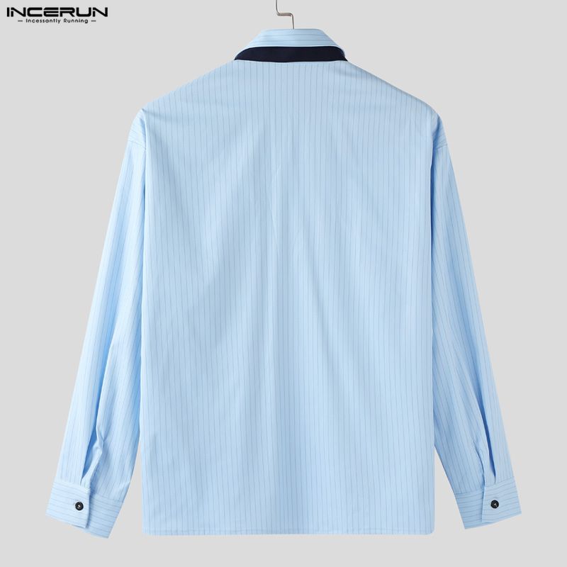 INCERUN Oversized Men Lapel Neck Tie Up Long Sleeve Buttons Embroidery Casual Striped Shirts