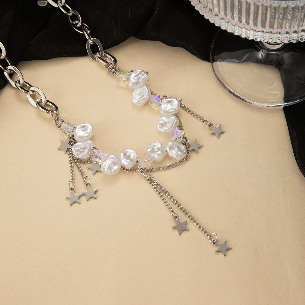 Elegant Fashion Pearl Star Fringed Necklace Light Luxury Niche Design Temperament Sweet Cool High Sense Collarbone Chain Woman