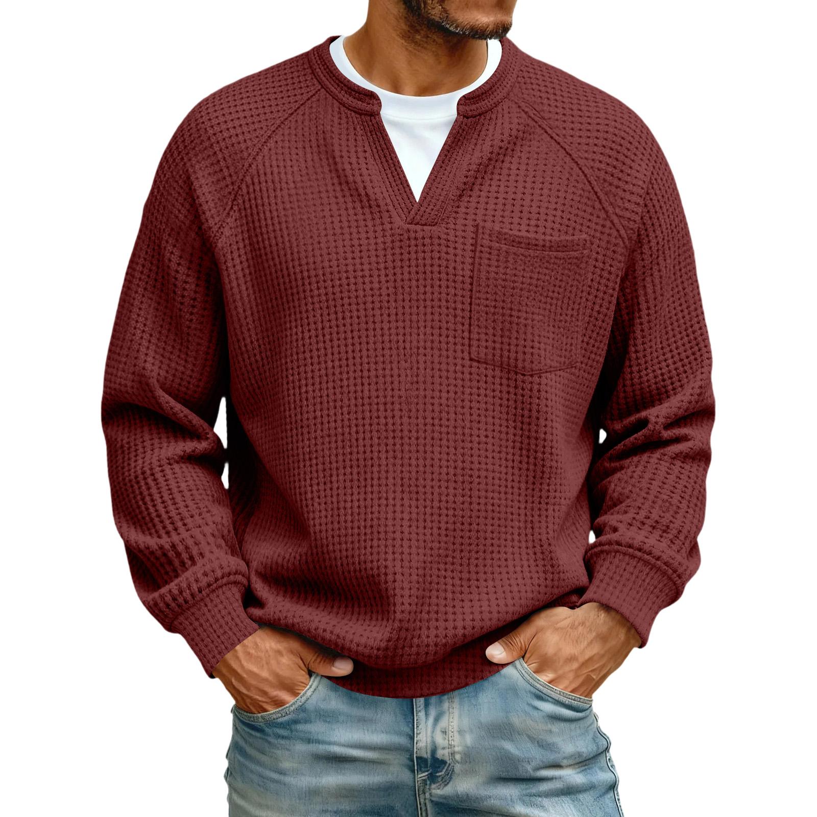 Men s V,neck Casual Hoodie With Pocket L винный