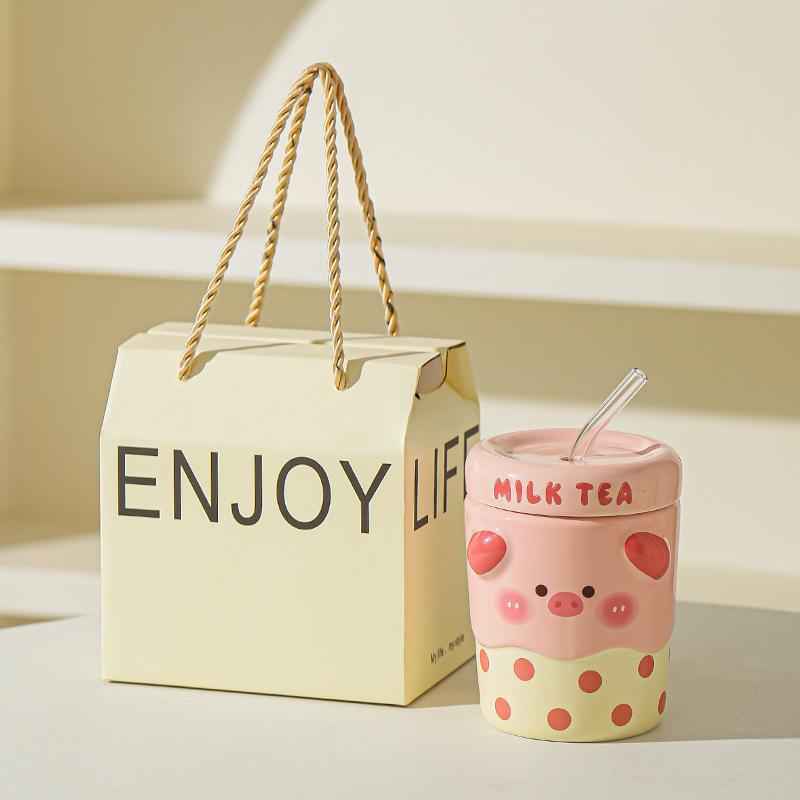 Cute Mug Couple Straw Cup with Lid Cup Gift Box Ceramic Cup Souvenir Birthday Gift Girl Practical