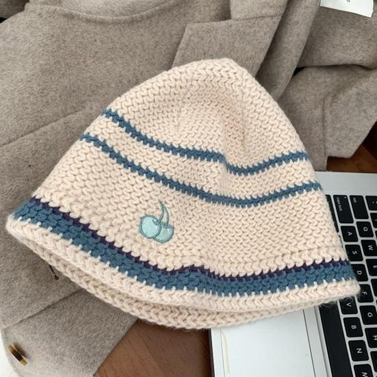 Women Bucket Hat Contrast Color Cherry Anti Deformation Windproof Autumn Winter Ear Protection Dome Fisherman Hat Outdoor Wear