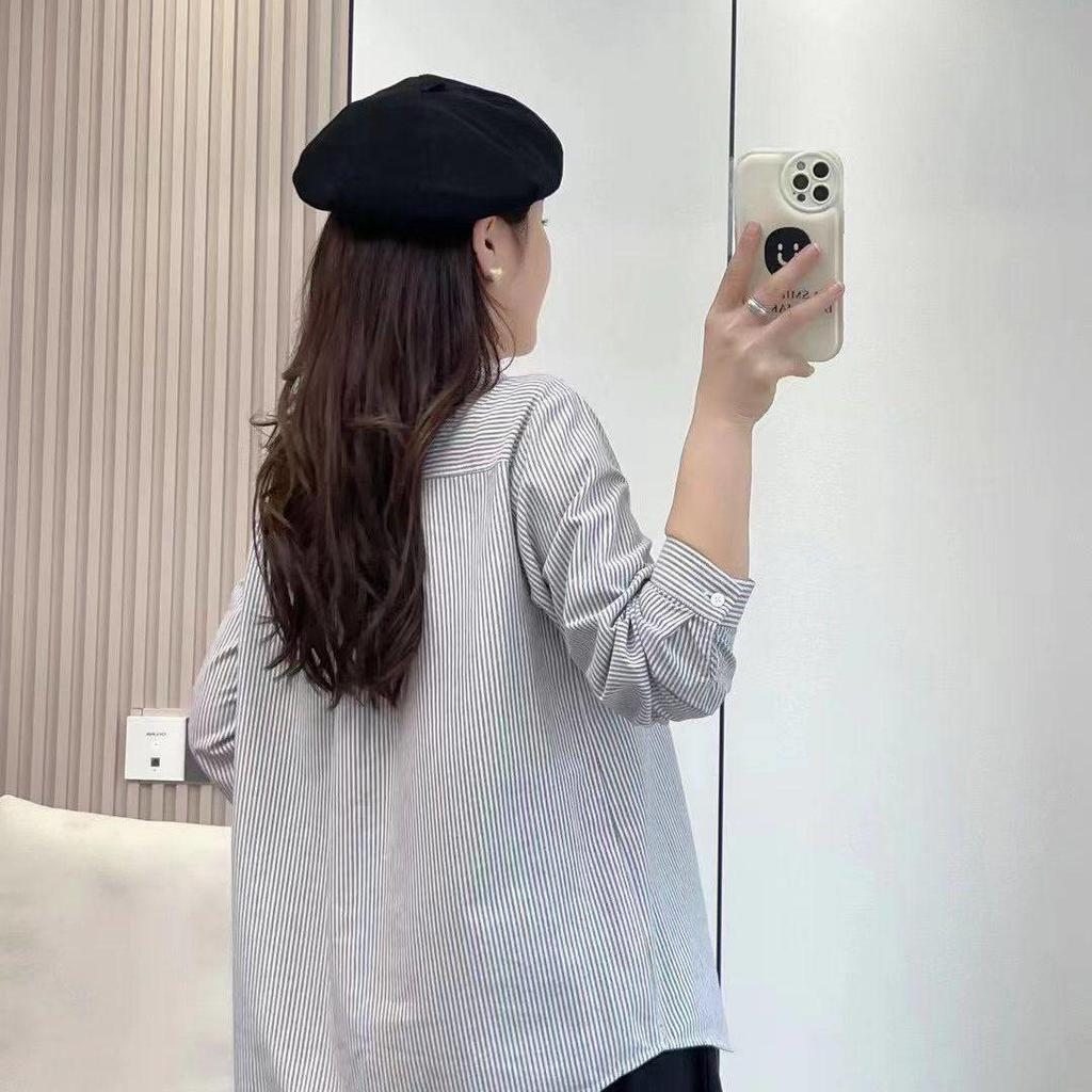 2026 Women's Spring/Autumn College Style White Oxford Shirt with Vertical Stripes – Long Sleeve, Artistic Fresh Trend