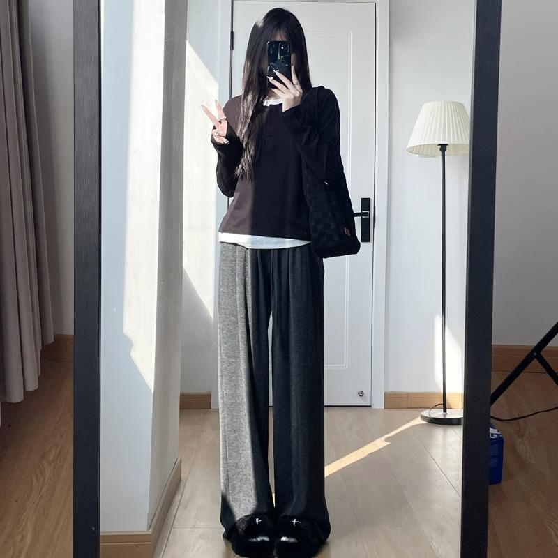 

High-Waisted Glutinous Rice Knit Wide-Leg Pants - Women s Trendy Autumn Casual Loose-Fit (145cm) 2XL (126-145 jin)